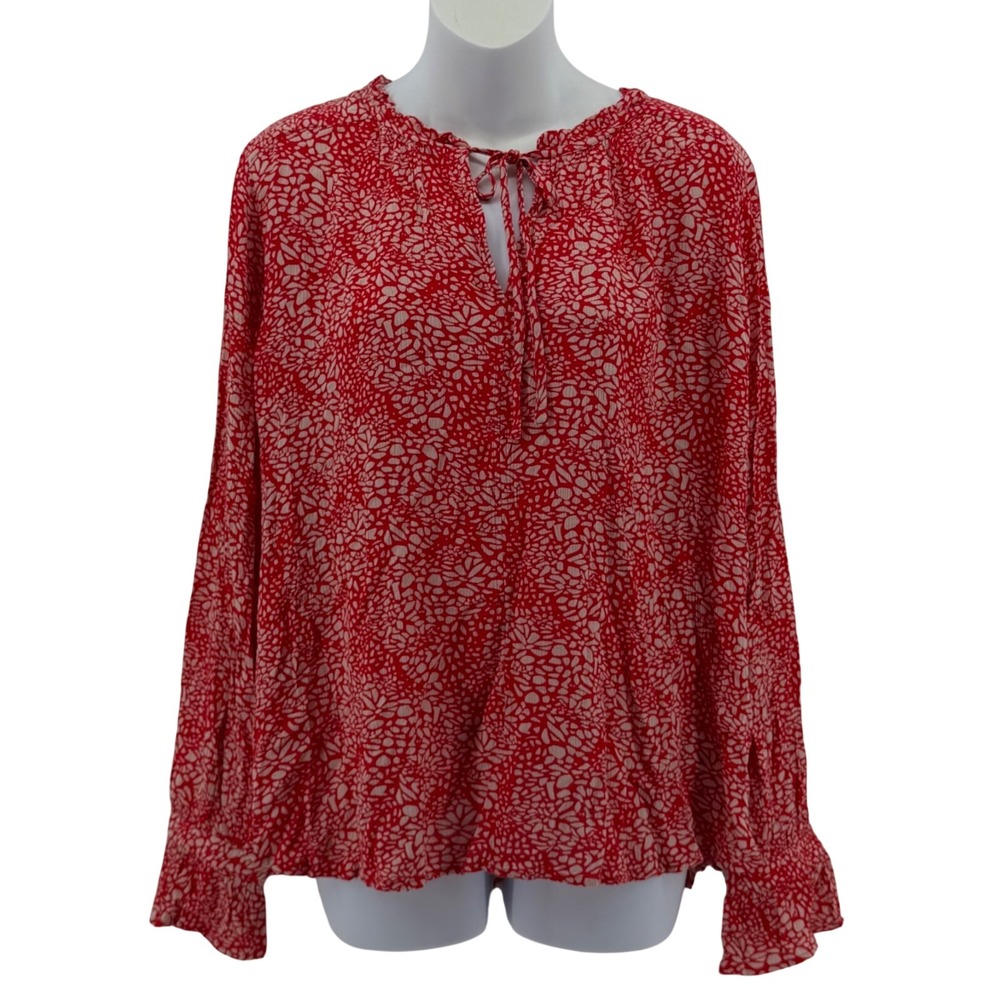 Loft Blouse Womens Small Red Abstract Pebble Print Tie Neck Long‎ Sleeve Rayon